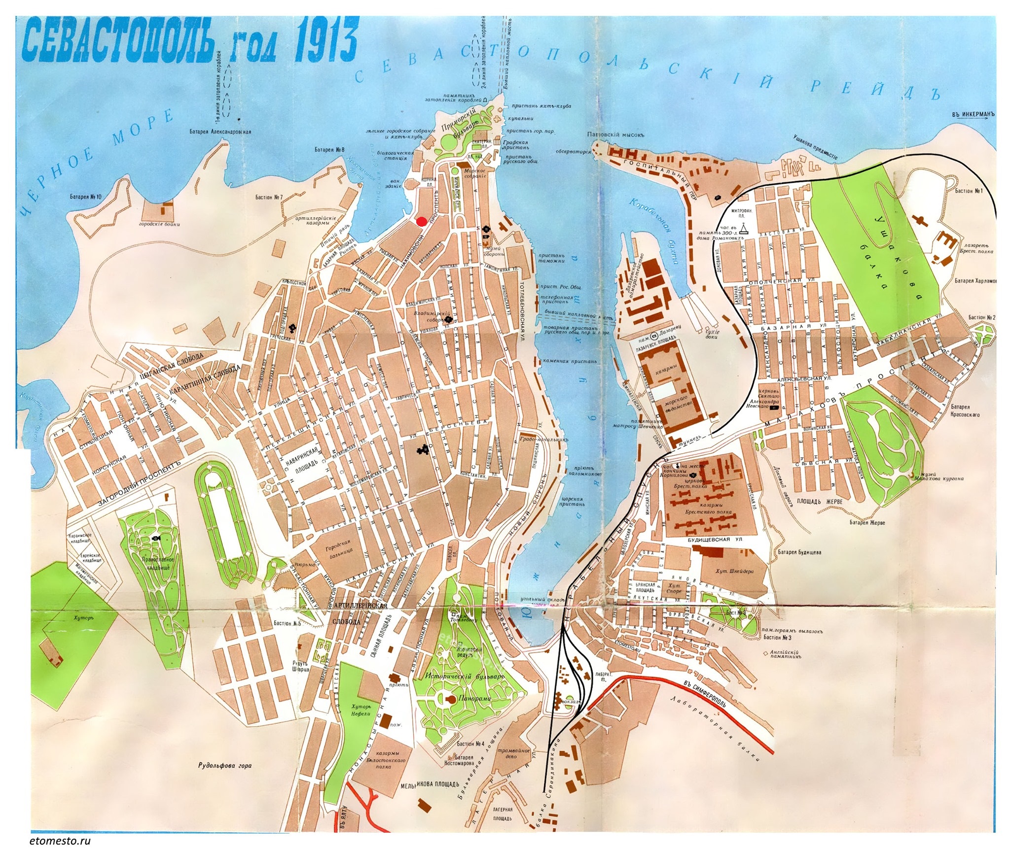 Карта Севастополя в 1913 году, красным кружком отмечено расположение здания Банка 
