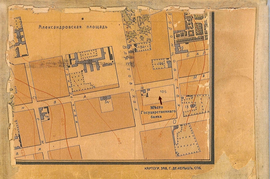 Фрагмент карты Ставрополя начала ХХ века с отметкой места строительства здания Ставропольского отделения Госбанка