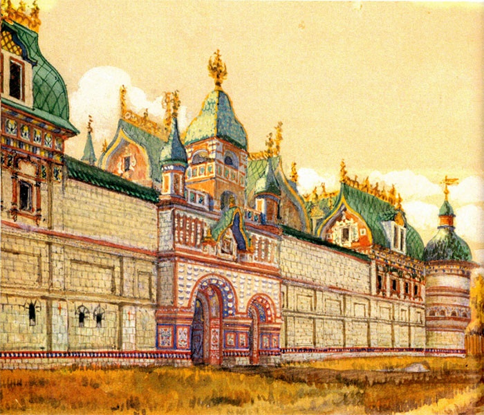 Кадашевского двора в период его расцвета воссоздал историк архитектуры М.П. Кудрявцев; изображение из книги "Москва – Третий Рим" (1994)